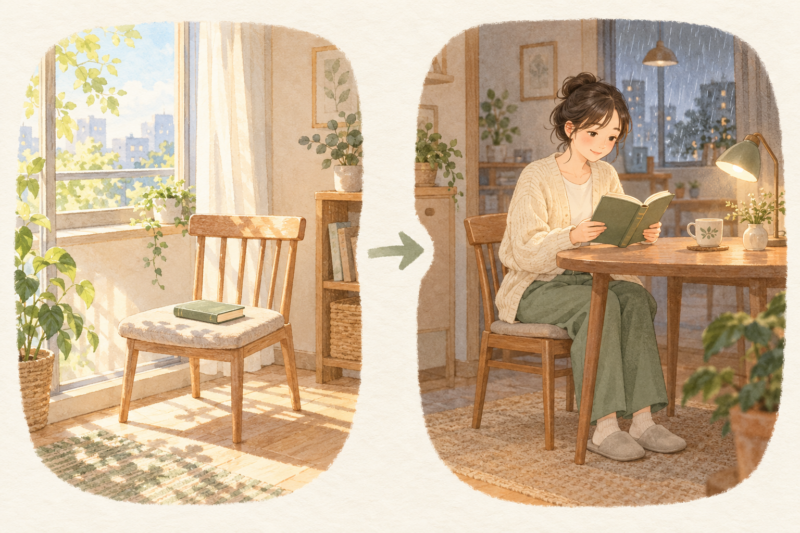 窓辺の椅子から雨の日にも読める食卓へ場所を変える例