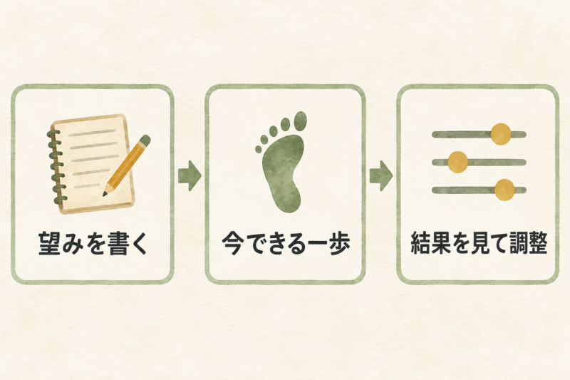 望みを書く、今できる一歩、結果を見て調整の三段階を左から右へ矢印で示した図
