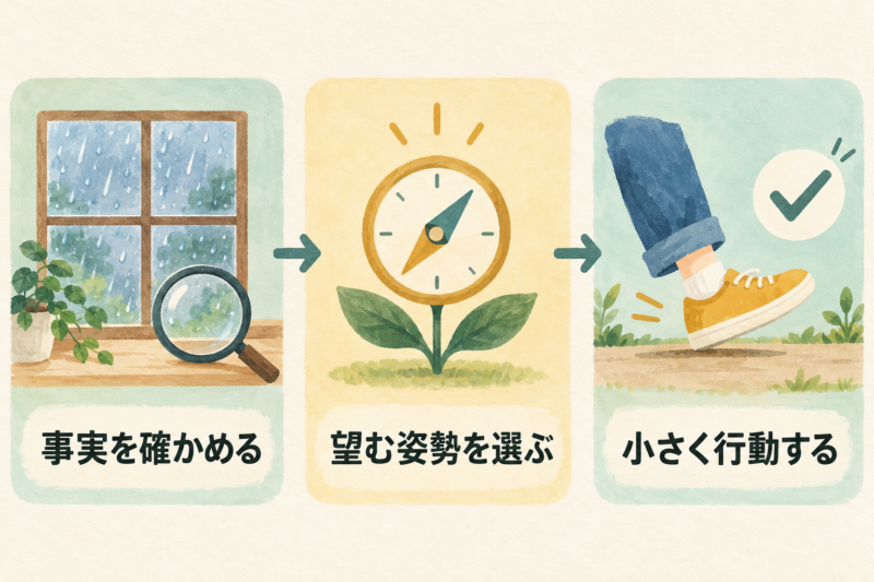 事実を確かめるから望む姿勢を選ぶへ進み小さく行動するという三段階の図
