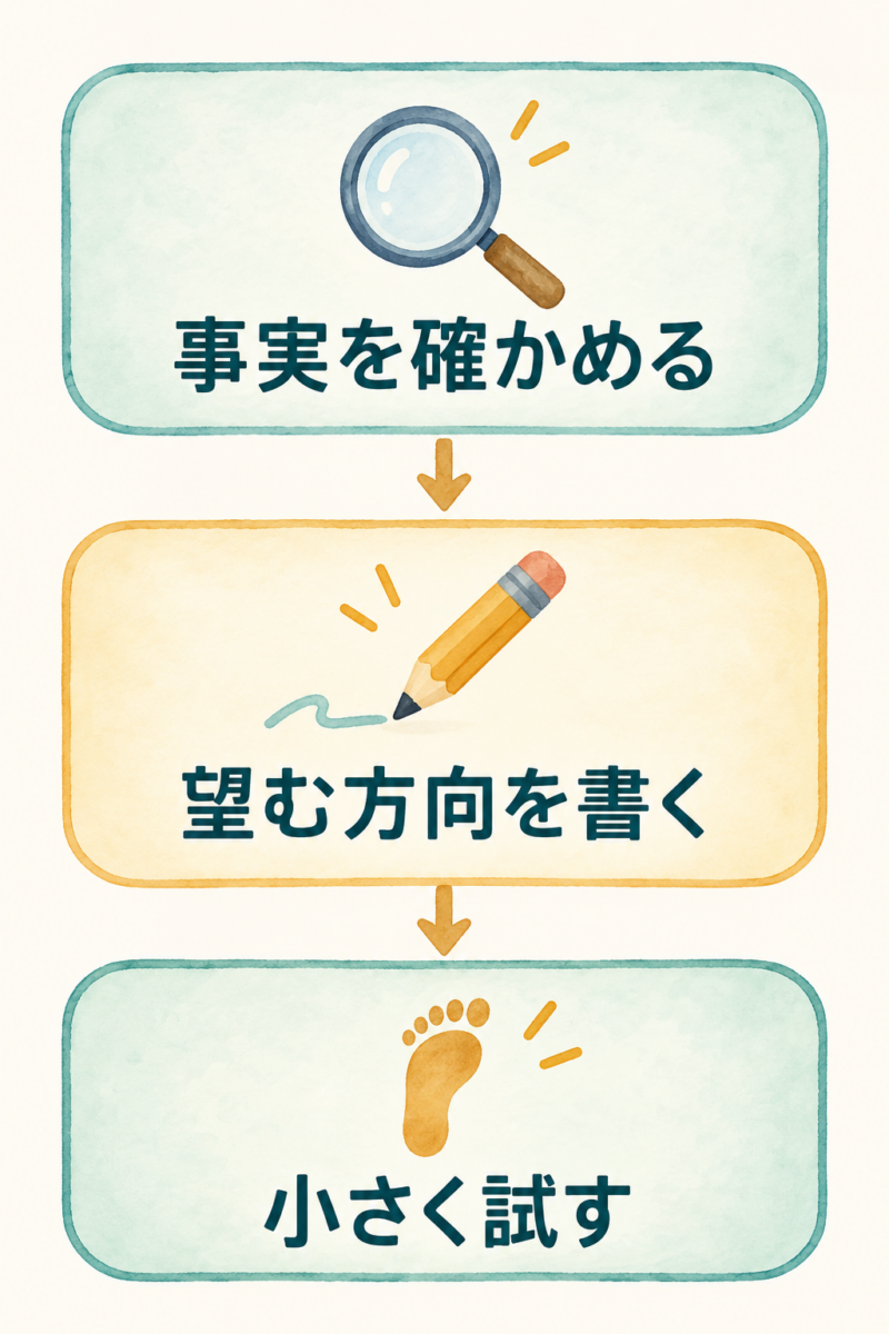 事実を確かめる 望む方向を書く 小さく試すという三つの欄を下向きの矢印でつないだ図