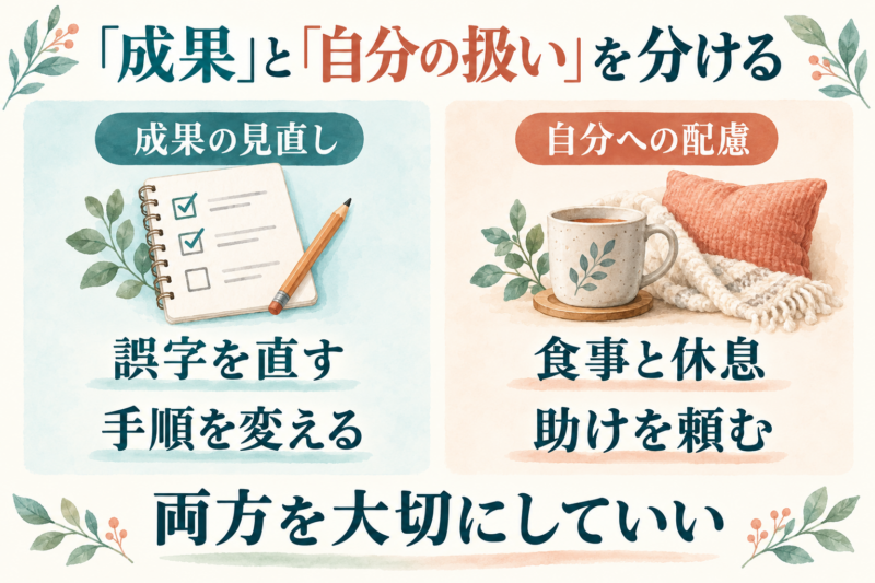 成果の見直しと自分への配慮を分けて両方を大切にする比較図
