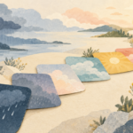 雨や曇り、晴れを描いた色とりどりのカードが小道のようにつながるイラスト