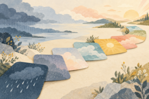 雨や曇り、晴れを描いた色とりどりのカードが小道のようにつながるイラスト