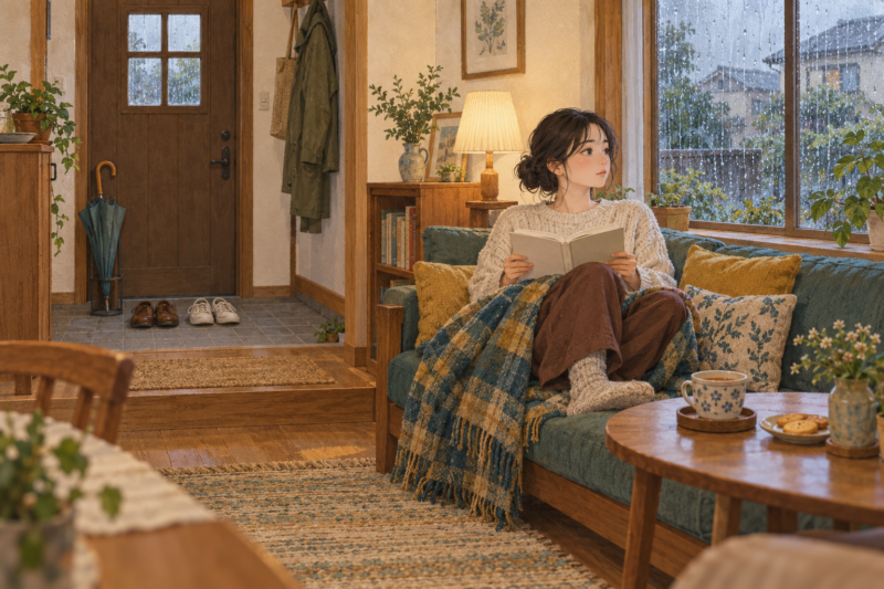 雨が降る窓辺の明るい室内で落ち着いて本を読む人の挿絵
