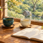 庭を望む窓辺に置かれた濃淡の異なる二つの茶器と開いたノート