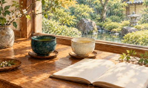 庭を望む窓辺に置かれた濃淡の異なる二つの茶器と開いたノート