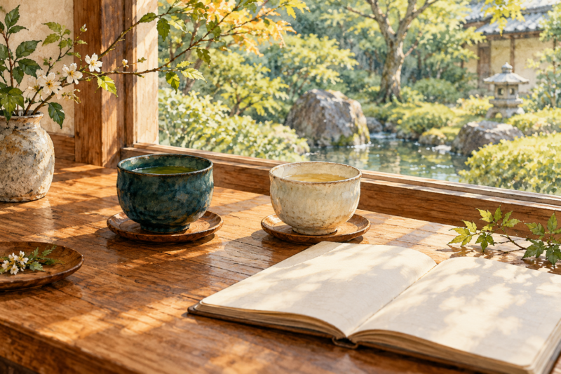 庭を望む窓辺に置かれた濃淡の異なる二つの茶器と開いたノート