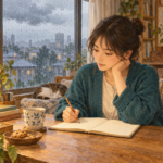 雨の窓辺で明かりをつけてノートに向かう人。外の条件と自分の姿勢を分けて考える挿絵