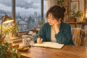 雨の窓辺で明かりをつけてノートに向かう人。外の条件と自分の姿勢を分けて考える挿絵
