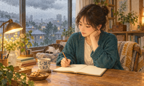 雨の窓辺で明かりをつけてノートに向かう人。外の条件と自分の姿勢を分けて考える挿絵