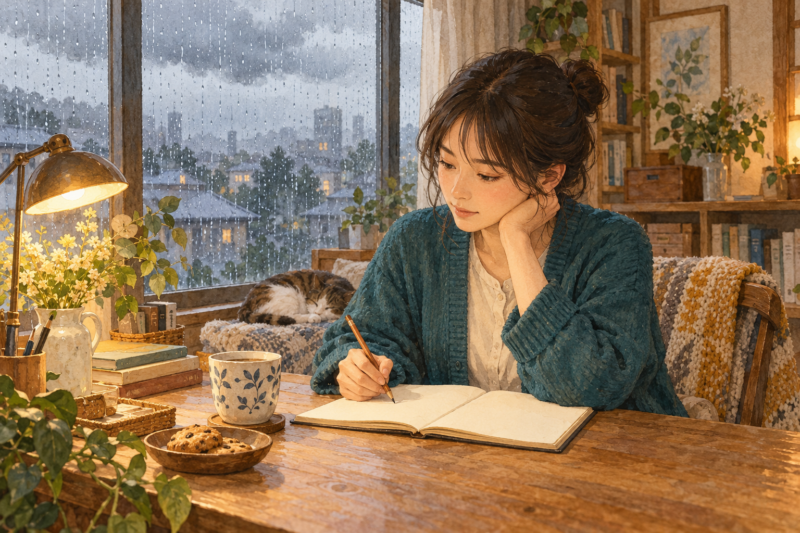 雨の窓辺で明かりをつけてノートに向かう人。外の条件と自分の姿勢を分けて考える挿絵