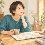 器のスケッチを開き窓辺で考える女性。新しい趣味への関心をゆっくり確かめる場面