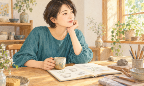 器のスケッチを開き窓辺で考える女性。新しい趣味への関心をゆっくり確かめる場面