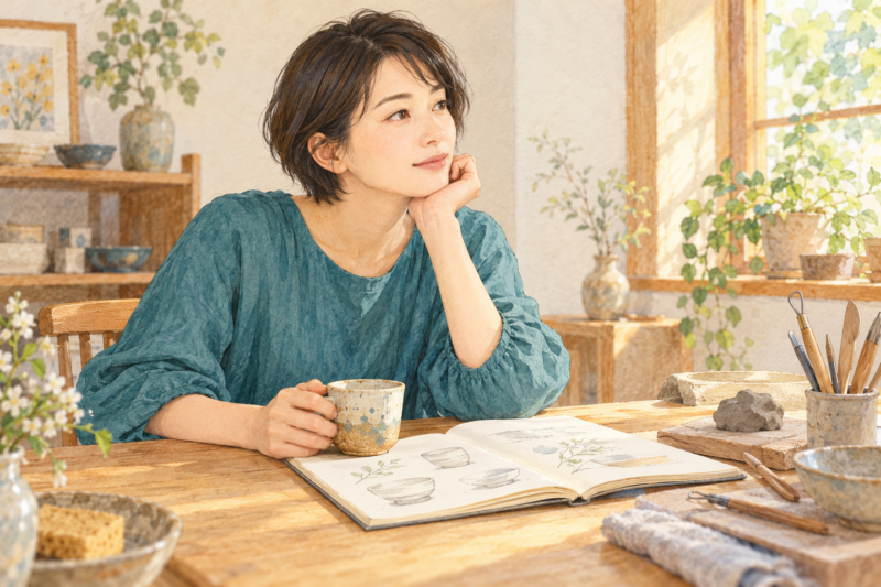 器のスケッチを開き窓辺で考える女性。新しい趣味への関心をゆっくり確かめる場面
