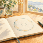 朝の窓辺の机に置かれた、二重の円を描いたノートとペンの水彩イラスト