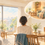 窓辺でくつろぐ人と心地よい読書の場所を思い描く吹き出し