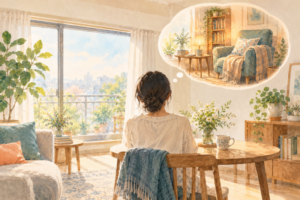 窓辺でくつろぐ人と心地よい読書の場所を思い描く吹き出し