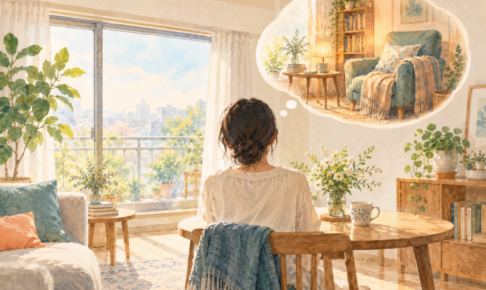 窓辺でくつろぐ人と心地よい読書の場所を思い描く吹き出し