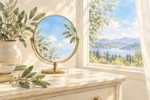 窓辺の丸い鏡に青空と緑が映る穏やかな水彩イラスト