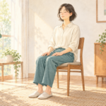 朝の窓辺で椅子に座り静かな時間を過ごす人