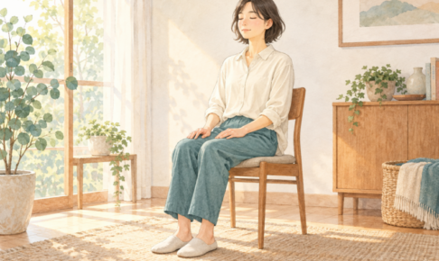 朝の窓辺で椅子に座り静かな時間を過ごす人