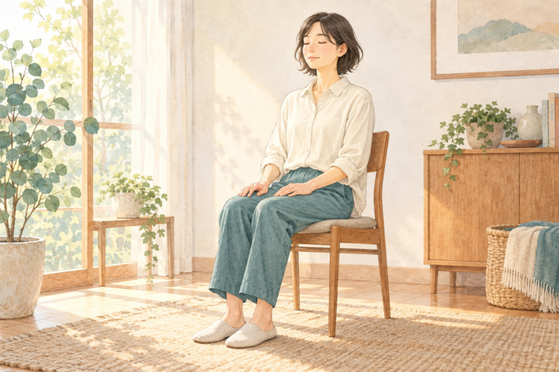 朝の窓辺で椅子に座り静かな時間を過ごす人