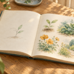 開いた本の左ページに描きかけの植物と右ページにさまざまな庭の草花が描かれている