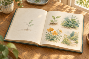 開いた本の左ページに描きかけの植物と右ページにさまざまな庭の草花が描かれている