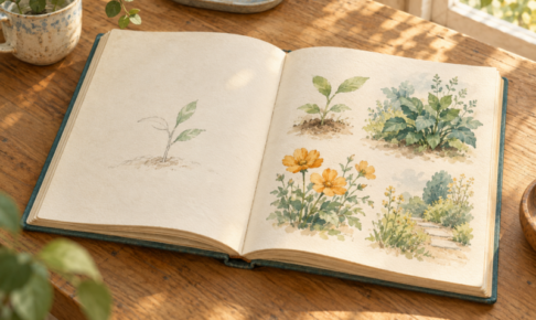 開いた本の左ページに描きかけの植物と右ページにさまざまな庭の草花が描かれている