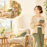 読書コーナーを思い描きながら本を持つ女性