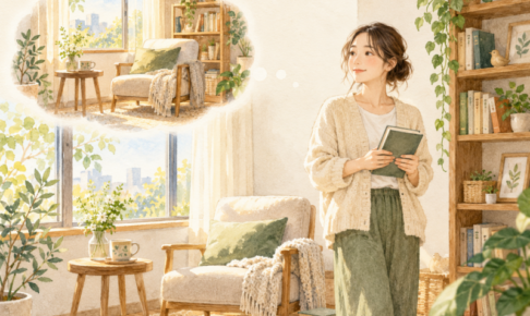 読書コーナーを思い描きながら本を持つ女性