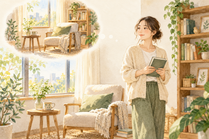 読書コーナーを思い描きながら本を持つ女性