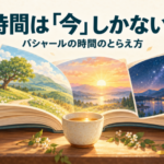 一冊の開いた本に昼、夕暮れ、星空の場面が並び、手前にお茶がある。時間は「今」しかないというバシャールの世界観を表したイラスト