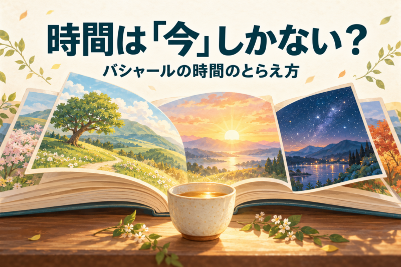 一冊の開いた本に昼、夕暮れ、星空の場面が並び、手前にお茶がある。時間は「今」しかないというバシャールの世界観を表したイラスト