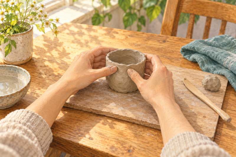 自宅のテーブルで両手を使って小さな粘土の器を形づくる場面