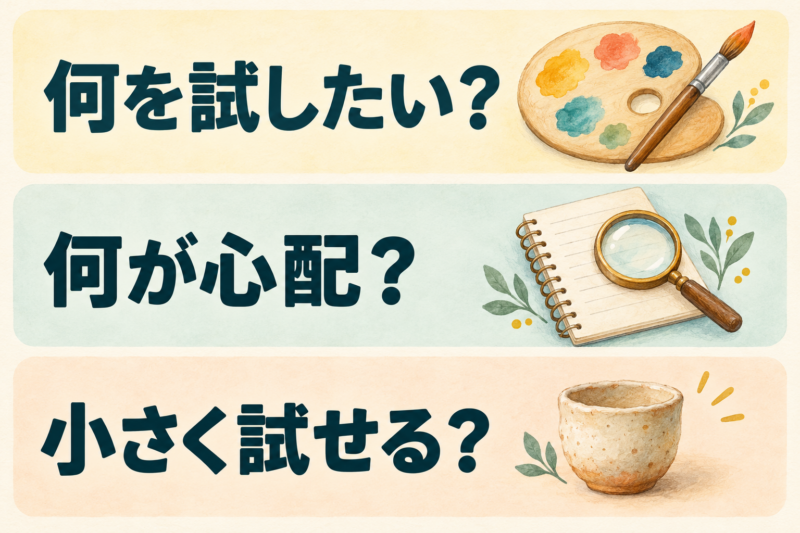 何を試したい？ 何が心配？ 小さく試せる？という三つの問いを上から順に並べた図