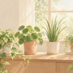 窓辺の光の中でそれぞれ異なる葉を伸ばす植物たち