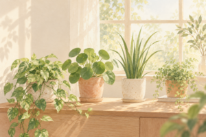 窓辺の光の中でそれぞれ異なる葉を伸ばす植物たち