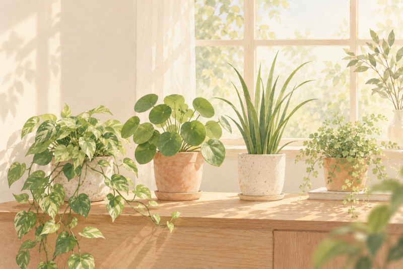 窓辺の光の中でそれぞれ異なる葉を伸ばす植物たち