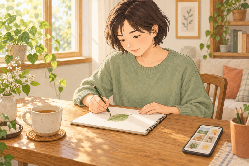 スマートフォンを脇に置きスケッチブックに葉を描く大人