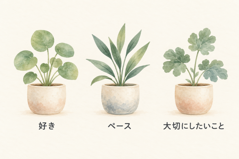 形の違う三つの鉢植えと好き・ペース・大切にしたいことの三つの視点