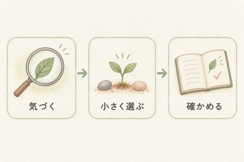 気づくから小さく選ぶへ進み最後に確かめるという三段階の図