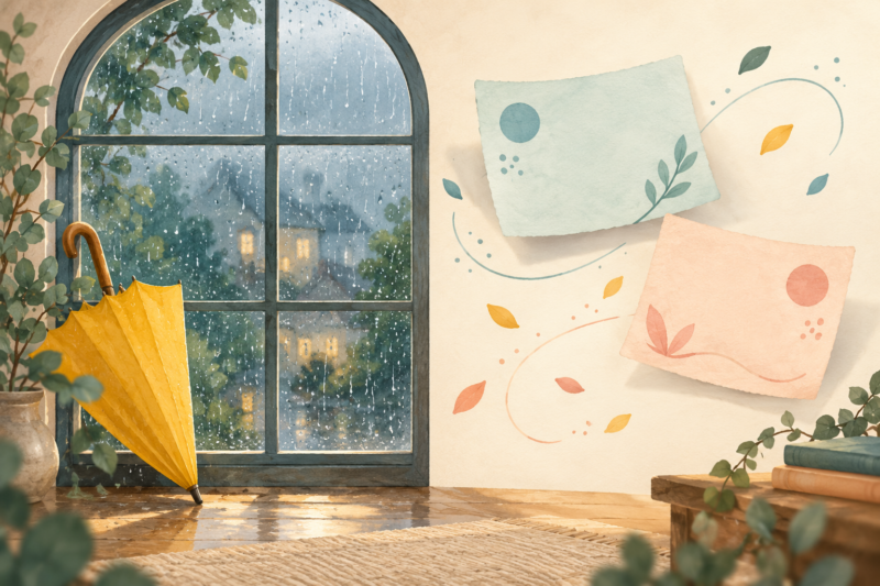 雨の窓辺の黄色い傘と、違う受け取り方を表す二枚のカードを描いたイラスト。