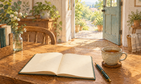 朝の光が差す開いた扉と、ノート、ペン、お茶のある机