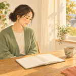 窓辺のテーブルで、お茶と開いたノートを前にひと息つく人のイラスト