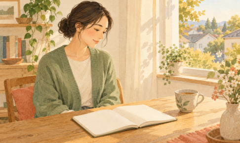 窓辺のテーブルで、お茶と開いたノートを前にひと息つく人のイラスト