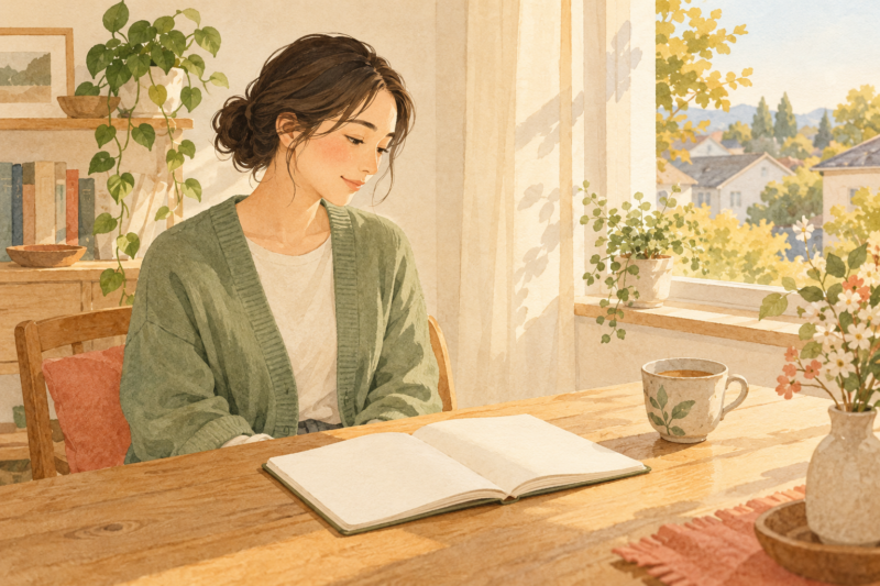 窓辺のテーブルで、お茶と開いたノートを前にひと息つく人のイラスト