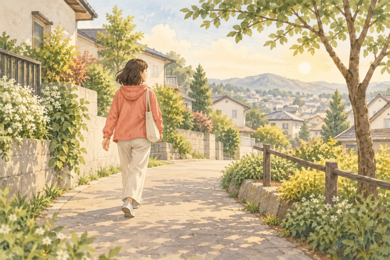 やわらかな朝の光の中、緑のある住宅街の道をゆっくり歩く人のイラスト