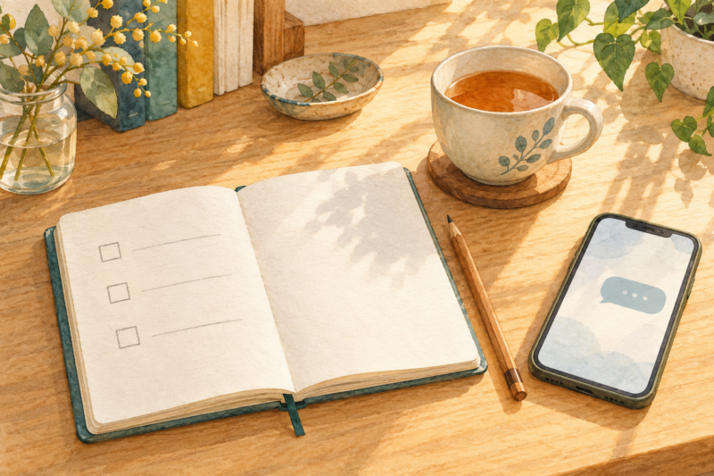 三つの空欄のチェック項目を書いたノートとスマートフォンとお茶の挿絵