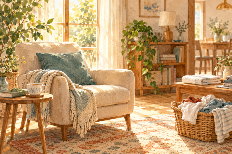 たたみかけの洗濯物がある部屋に置かれた休息用の椅子とお茶